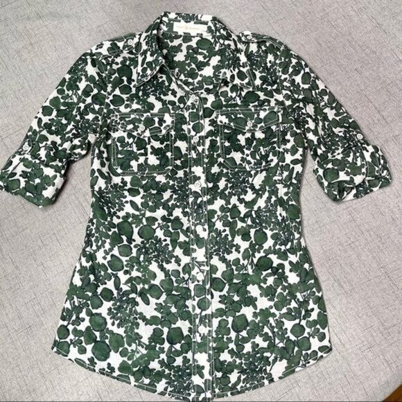 Tory Burch Issy Vine Leaf Print Button Down Shirt Utility Roll Tab 2 XS - Picture 8 of 12